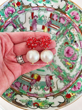 Load image into Gallery viewer, Red Hydrangea Blossom Pearl Drop Earrings - Chinoiserie jewelry