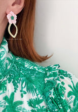 Load image into Gallery viewer, Pink & Green Scalloped Floral Pearl Earrings - Chinoiserie jewelry