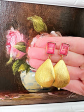 Load image into Gallery viewer, Pink Gemstone Large Gold Teardrop Earrings - Chinoiserie jewelry
