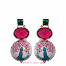Load image into Gallery viewer, Pink & Green Peony Gemstone Earrings - Chinoiserie jewelry