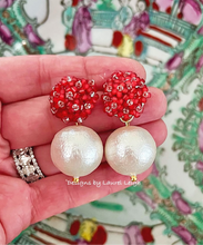 Load image into Gallery viewer, Red Hydrangea Blossom Pearl Drop Earrings - Chinoiserie jewelry