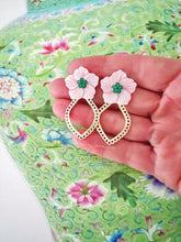 Load image into Gallery viewer, Pink & Green Scalloped Floral Pearl Earrings - Chinoiserie jewelry
