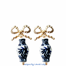 Load image into Gallery viewer, Dark Blue Ginger Jar Ruffled Bow Earrings - Chinoiserie jewelry