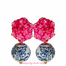 Load image into Gallery viewer, Chinoiserie Pink Hydrangea Blossom Earrings - Chinoiserie jewelry