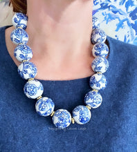 Load image into Gallery viewer, Blue & White Chinoiserie Peony Statement Necklace - Chinoiserie jewelry