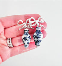 Load image into Gallery viewer, Dark Blue Ginger Jar Ruffled Bow Earrings - Chinoiserie jewelry