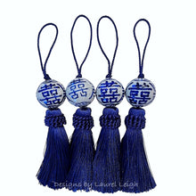 Load image into Gallery viewer, Four decorative tassels with Chinoiserie porcelain double happiness accents