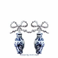 Load image into Gallery viewer, Dark Blue Ginger Jar Ruffled Bow Earrings - Chinoiserie jewelry