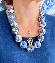 Load image into Gallery viewer, Blue & White Chinoiserie Peony Statement Necklace - Chinoiserie jewelry