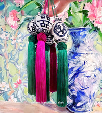 Load image into Gallery viewer, Chinoiserie Decorative Tassel Green, Blue & White - Chinoiserie jewelry