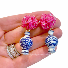 Load image into Gallery viewer, Chinoiserie Pink Hydrangea Blossom Earrings - Chinoiserie jewelry