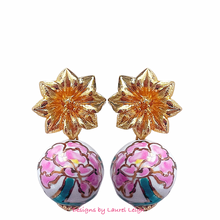 Load image into Gallery viewer, Pink & Green Peony Drop Earrings - Chinoiserie jewelry