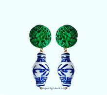 Load image into Gallery viewer, Chinoiserie Green Cinnabar Drop Earrings - Chinoiserie jewelry
