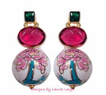 Load image into Gallery viewer, Pink & Green Peony Gemstone Earrings - Chinoiserie jewelry