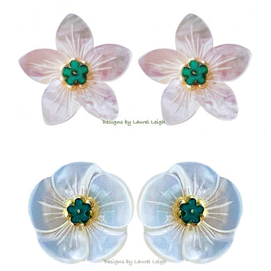Green & White MOP Floral Studs - Chinoiserie jewelry