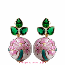 Load image into Gallery viewer, Pink & Green Peony Drop Earrings - Chinoiserie jewelry