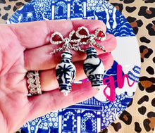 Load image into Gallery viewer, Dark Blue Ginger Jar Ruffled Bow Earrings - Chinoiserie jewelry