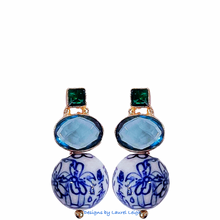 Load image into Gallery viewer, Light Blue & Green Gemstone Chinoiserie Earrings - Chinoiserie jewelry