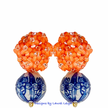 Load image into Gallery viewer, Chinoiserie Orange Hydrangea Blossom Earrings - Chinoiserie jewelry