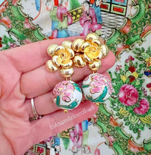 Load image into Gallery viewer, Pink & Green Peony Drop Earrings - Chinoiserie jewelry