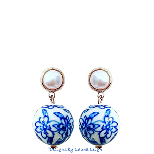 Chinoiserie Vintage Bead Pearl Post Earrings - Chinoiserie jewelry