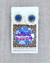 Load image into Gallery viewer, Blue & White Pearl Chrysanthemum Studs - Chinoiserie jewelry