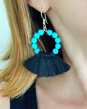 Load image into Gallery viewer, Gemstone Beaded Tassel Hoop Earrings - White or Black & Turquoise - Ginger jar