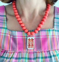 Load image into Gallery viewer, Orange & White Chinoiserie Double Happiness Pendant Statement Necklace - Ginger jar