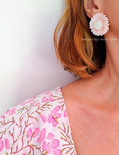 Load image into Gallery viewer, Pink & White Pearl Sunflower Flower Earrings - Chinoiserie jewelry