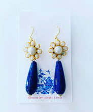 Load image into Gallery viewer, Blue Lapis and Gold Floral Pearl Teardrop Earrings - Ginger jar