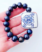 Load image into Gallery viewer, Peacock Pearl &amp; Chinoiserie Peony Bracelet - Chinoiserie jewelry