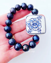 Load image into Gallery viewer, Peacock Pearl & Chinoiserie Peony Bracelet - Chinoiserie jewelry
