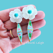 Load image into Gallery viewer, Cloisonné Floral Drop Earrings - Turquoise & Aqua - Chinoiserie jewelry