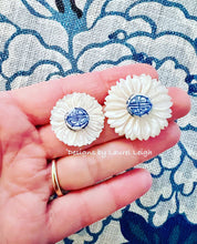 Load image into Gallery viewer, Blue & White Pearl Chrysanthemum Studs - Chinoiserie jewelry