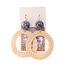 Load image into Gallery viewer, Chinoiserie Rattan Double Happiness Earrings - Natural or Brown - Chinoiserie jewelry