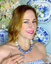Load image into Gallery viewer, Chunky Blue and White Chinoiserie Pearl & Peony Flower Statement Necklace - Ginger jar