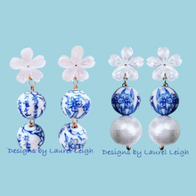 Load image into Gallery viewer, Blue & White Chinoiserie Orchid Double Drop Earrings - Chinoiserie jewelry