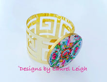 Load image into Gallery viewer, Rose Medallion Watercolor Plate Gold Greek Key Napkin Rings - Set of 4 - Ginger jar