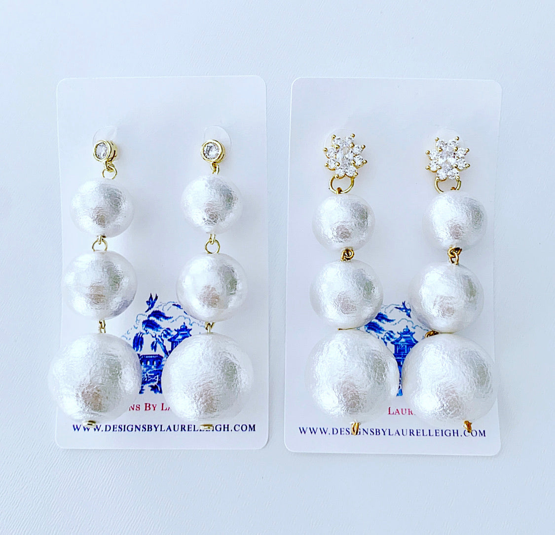 Rhinestone & Graduated Cotton Pearl Bonbon Drop Earrings - 2