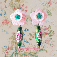 Load image into Gallery viewer, Cloisonné Floral Drop Earrings - Pink & Green - Chinoiserie jewelry