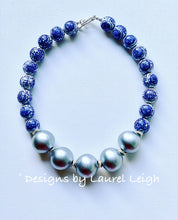 Load image into Gallery viewer, Blue and White Chinoiserie with Jumbo Pearl Chunky Statement Necklace - Silver - Designs by Laurel Leigh
