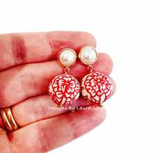 Load image into Gallery viewer, Red Chinoiserie Peony Pearl Earrings - Chinoiserie jewelry