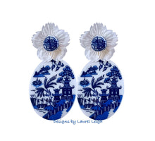 Load image into Gallery viewer, Blue Willow Pearl Chinoiserie Flower Earrings - Chinoiserie jewelry