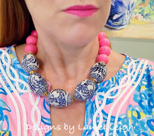 Load image into Gallery viewer, Blue and White Chinoiserie Chunky Statement Necklace - Bright Bubblegum Pink - Ginger jar