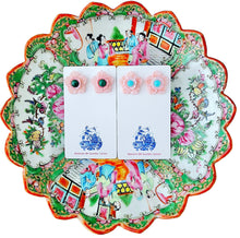 Load image into Gallery viewer, Pink Pearl & Aqua Gemstone Floral Studs - Chinoiserie jewelry