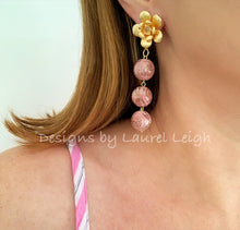 Load image into Gallery viewer, Gold and Rose Pink Floral Chinoiserie Triple Drop Earrings - Ginger jar