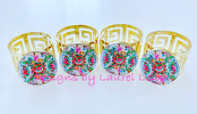 Load image into Gallery viewer, Rose Medallion Watercolor Plate Gold Greek Key Napkin Rings - Set of 4 - Ginger jar