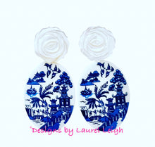 Load image into Gallery viewer, Blue Willow Pearl Rose Earrings - Chinoiserie jewelry