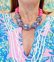 Load image into Gallery viewer, Blue and White Chinoiserie Chunky Statement Necklace - Bright Bubblegum Pink - Ginger jar