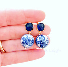 Load image into Gallery viewer, Blue & White Chinoiserie Orchid & Sapphire Earrings - Ginger jar